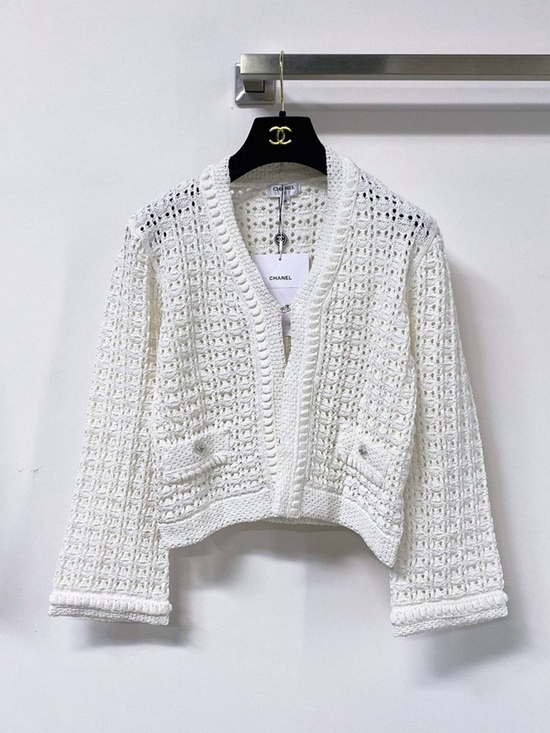 .Chanel® Sweaters - Chanel White Hollow Knit Short Designer Cardigan Jacket